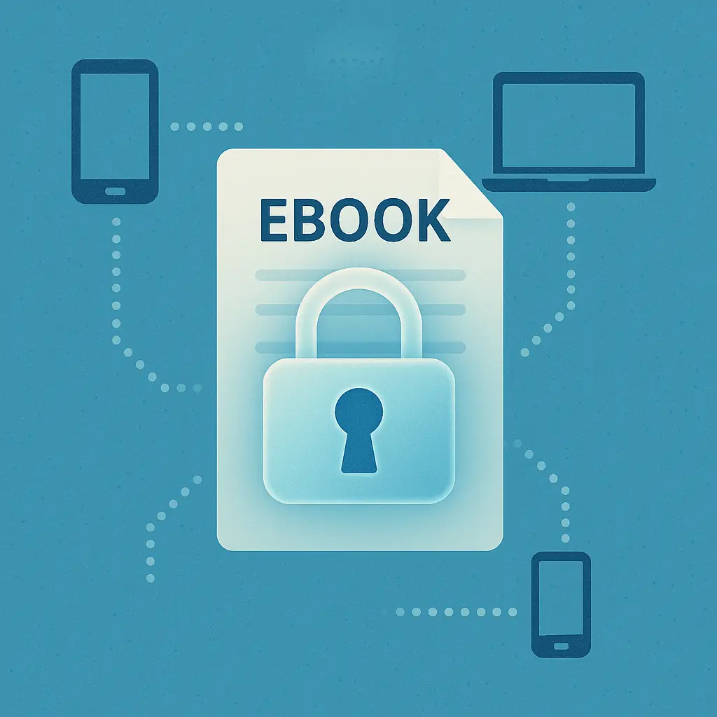 Flat illustration of an eBook file locked by a blue padlock with dotted lines linking tablet, smartphone and laptop, showing multi-device DRM access control.