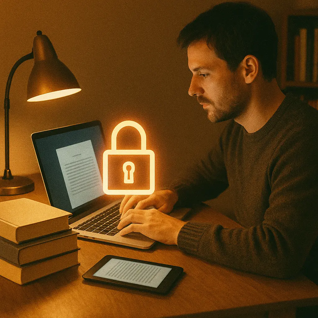 Grainy photo of an indie author typing on a laptop in a warm home office, stacks of books and an e-reader nearby, glowing digital lock overlay symbolizing secure manuscript ownership.