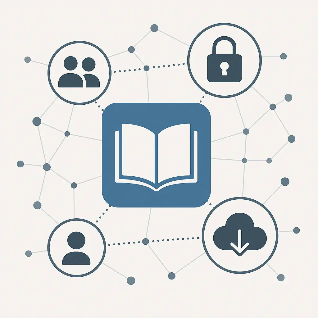 Modern flat design illustration showing a network of digital publishing icons, including collaboration, security lock, cloud download, and open book, connected by dotted lines to represent secure, cloud-based digital publishing and teamwork.