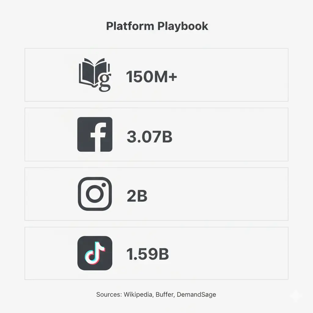 Minimal infographic showing a four-card playbook for Goodreads, Facebook, Instagram, and TikTok with user counts and quick tactics for indie authors.