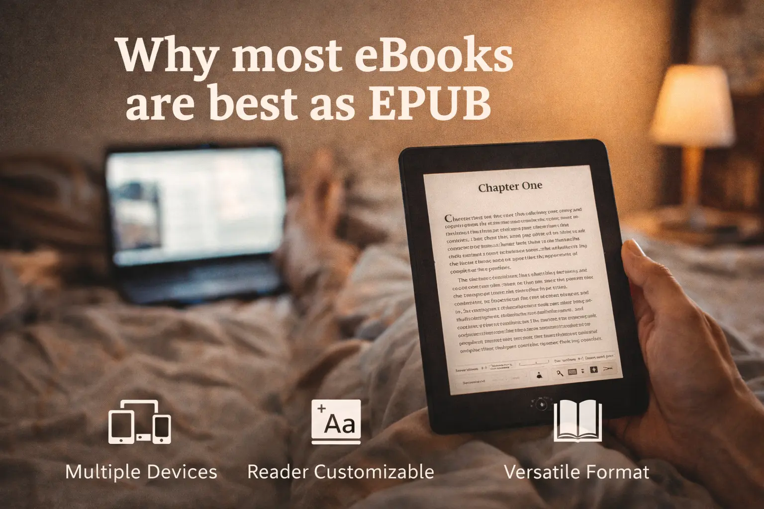 Person reading an EPUB ebook on an e reader showing customizable text and multi device compatibility