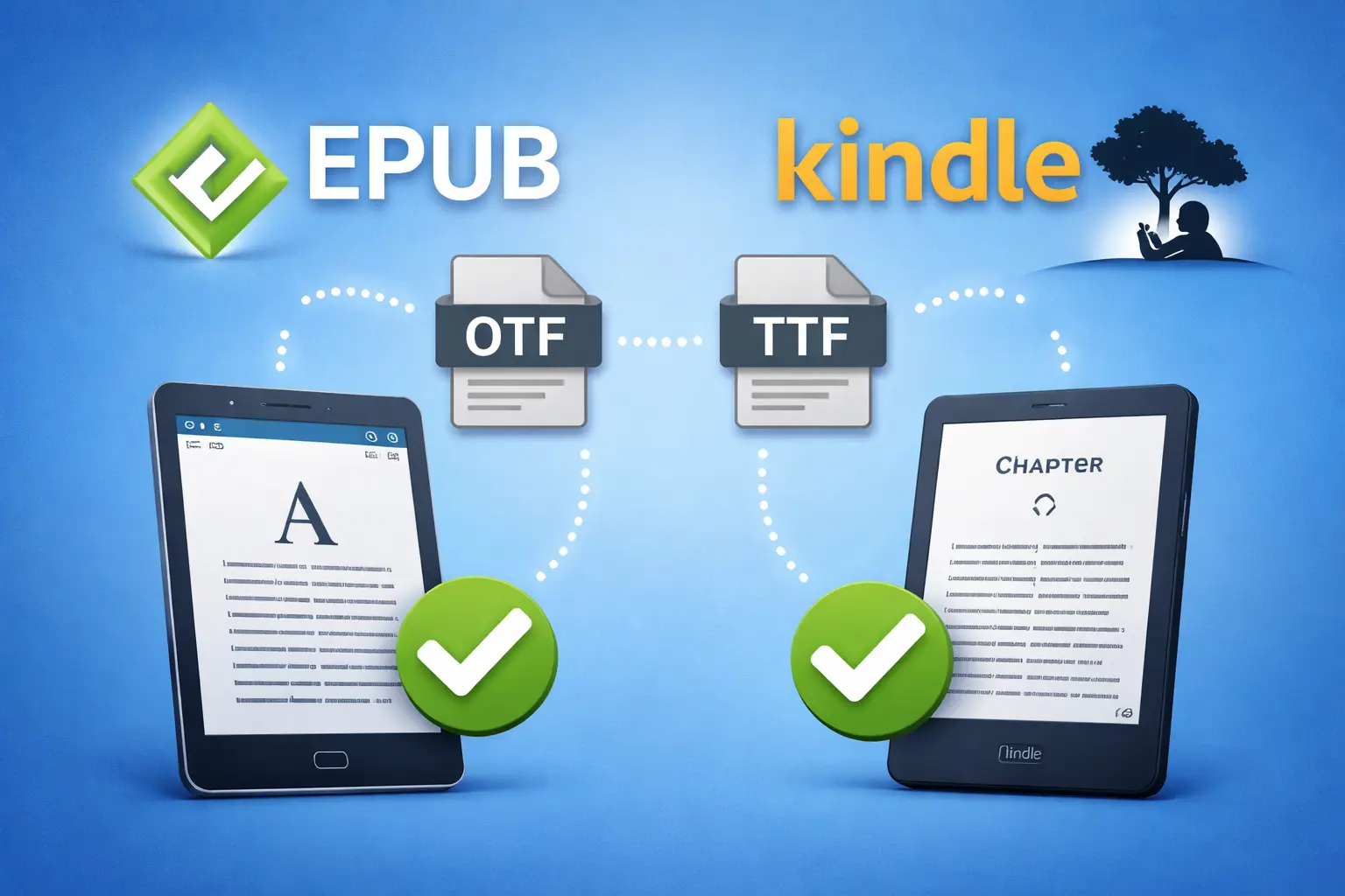 Illustration showing EPUB and Kindle compatibility with OTF and TTF font files across digital reading devices and eBook formats.