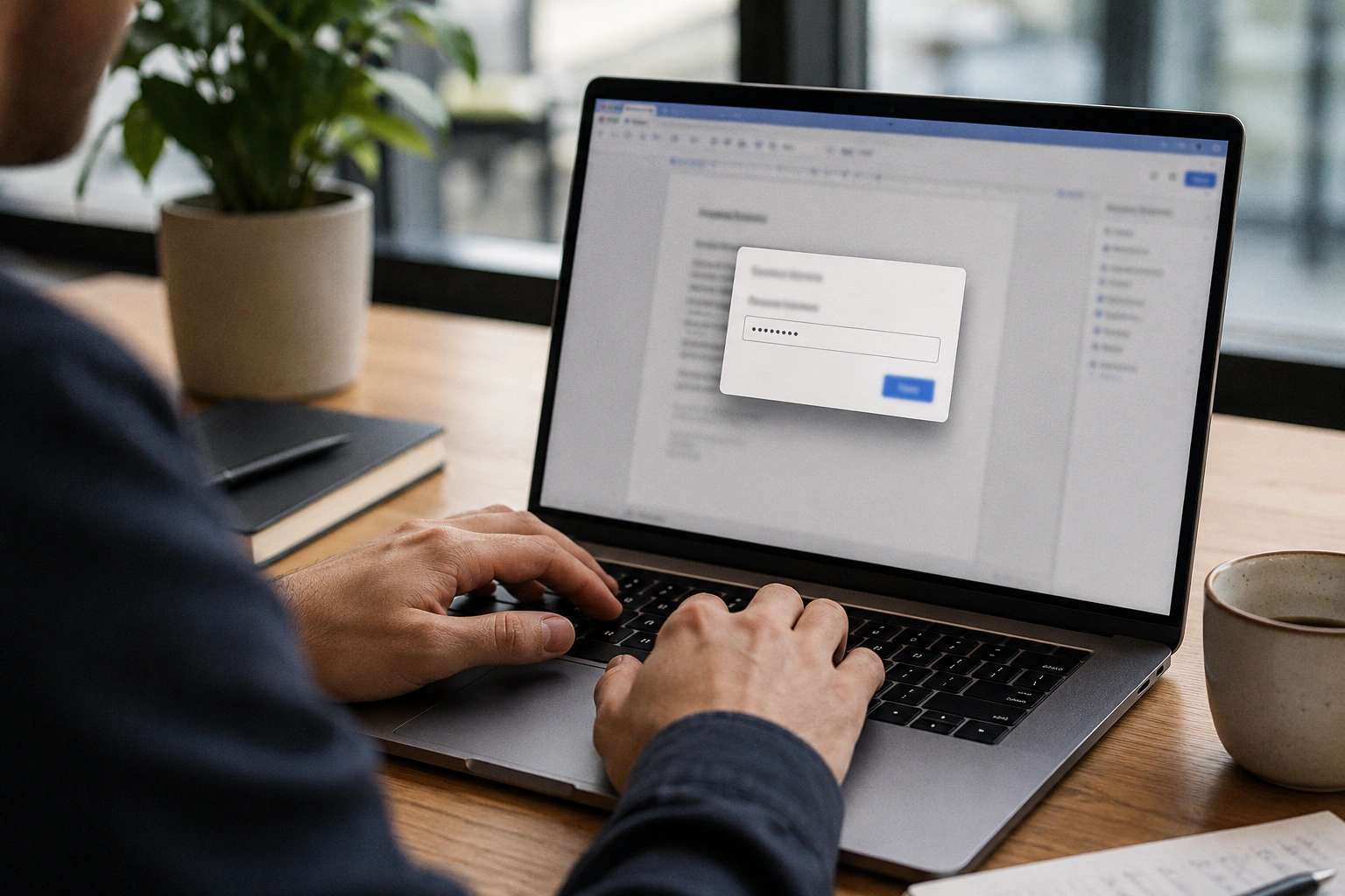 Person typing a password to protect a PDF document on a laptop.